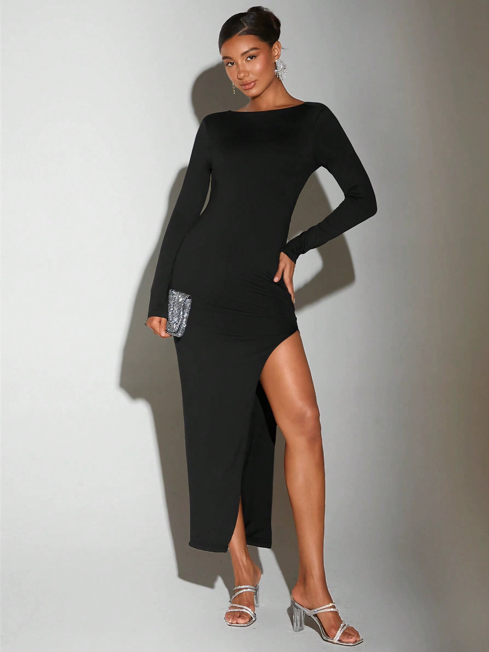 ZARA Hot Socialite Sexy Round Neck Deep Open Back Midi Dress Fall Winter
